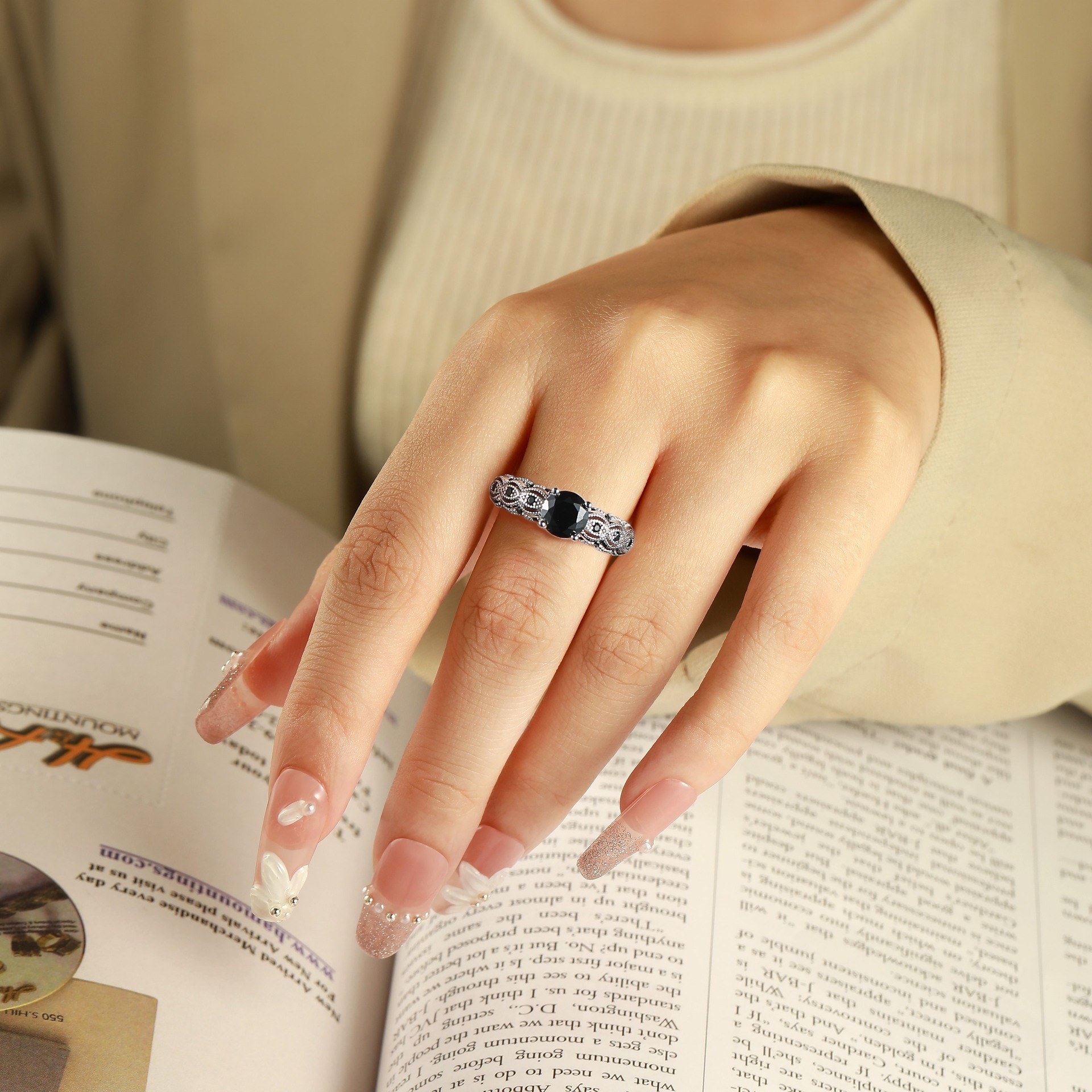S925 Sterling Silver Vintage Milgrain Evil Eye Black CZ Ring