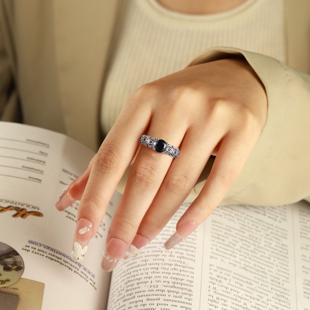 S925 Sterling Silver Vintage Milgrain Evil Eye Black CZ Ring