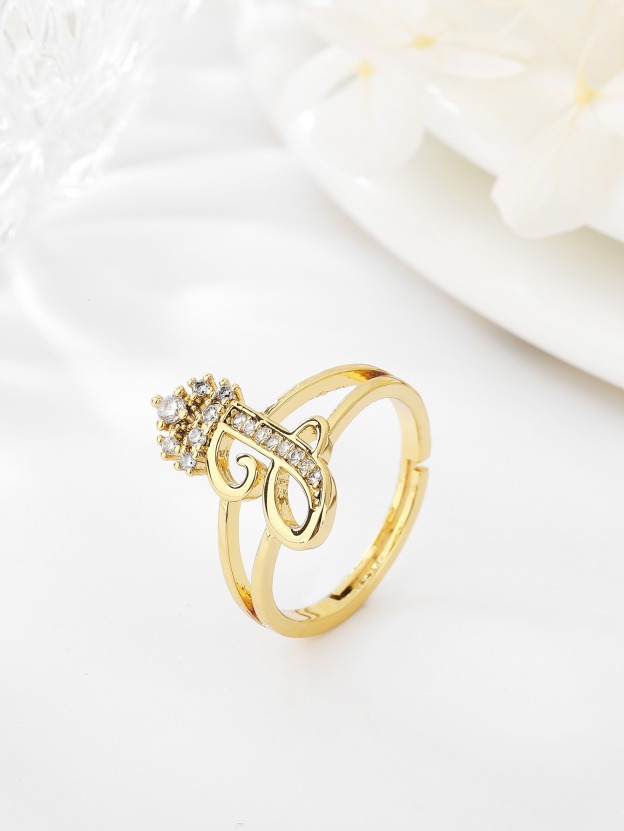 26 Letters Optional Crown Diamond-Encrusted Ring - Women's Light Luxury Personalized Letter Accessory