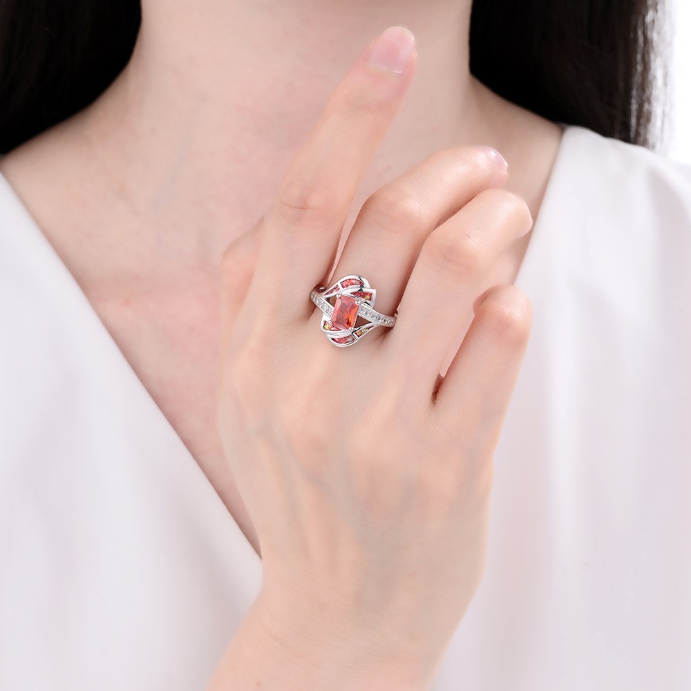 Sterling Silver Princess Cut Red Stone Twisted Ring