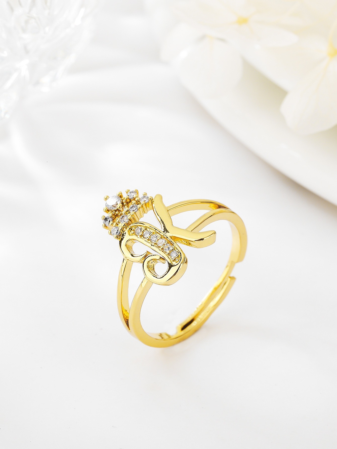 26 Letters Optional Crown Diamond-Encrusted Ring - Women's Light Luxury Personalized Letter Accessory