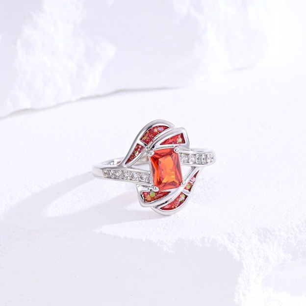 Sterling Silver Princess Cut Red Stone Twisted Ring