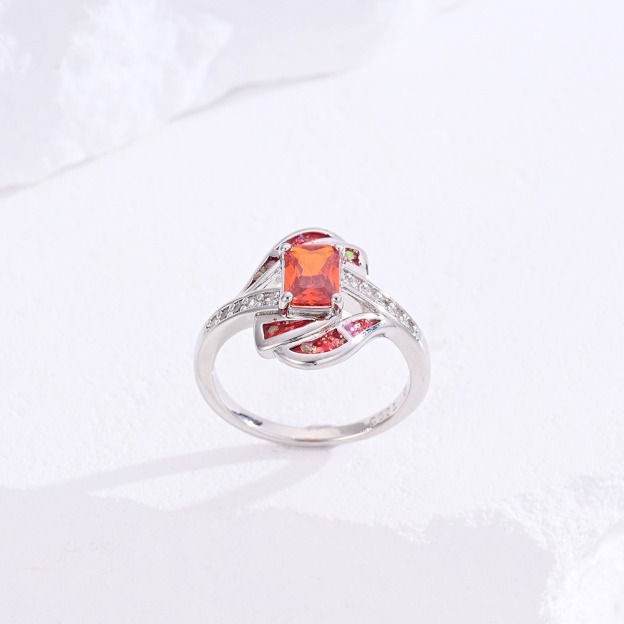 Sterling Silver Princess Cut Red Stone Twisted Ring