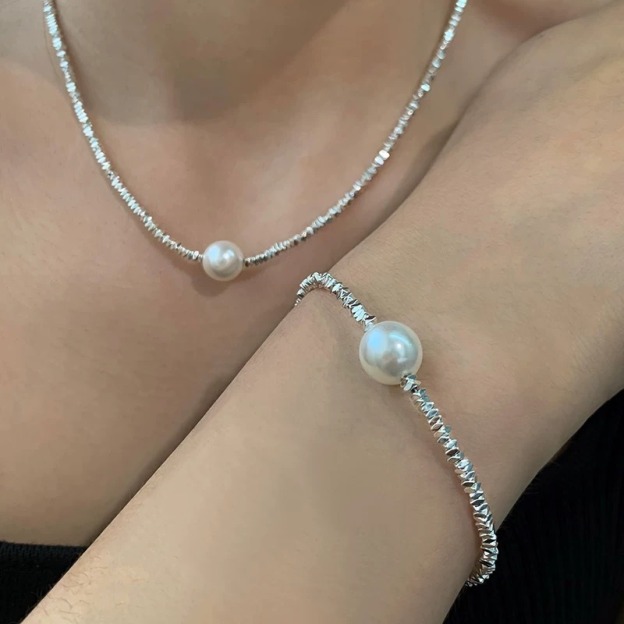 Silver Shimmer Pearl S925 Sterling Silver Freshwater Pearl Bracelet & Necklace Set