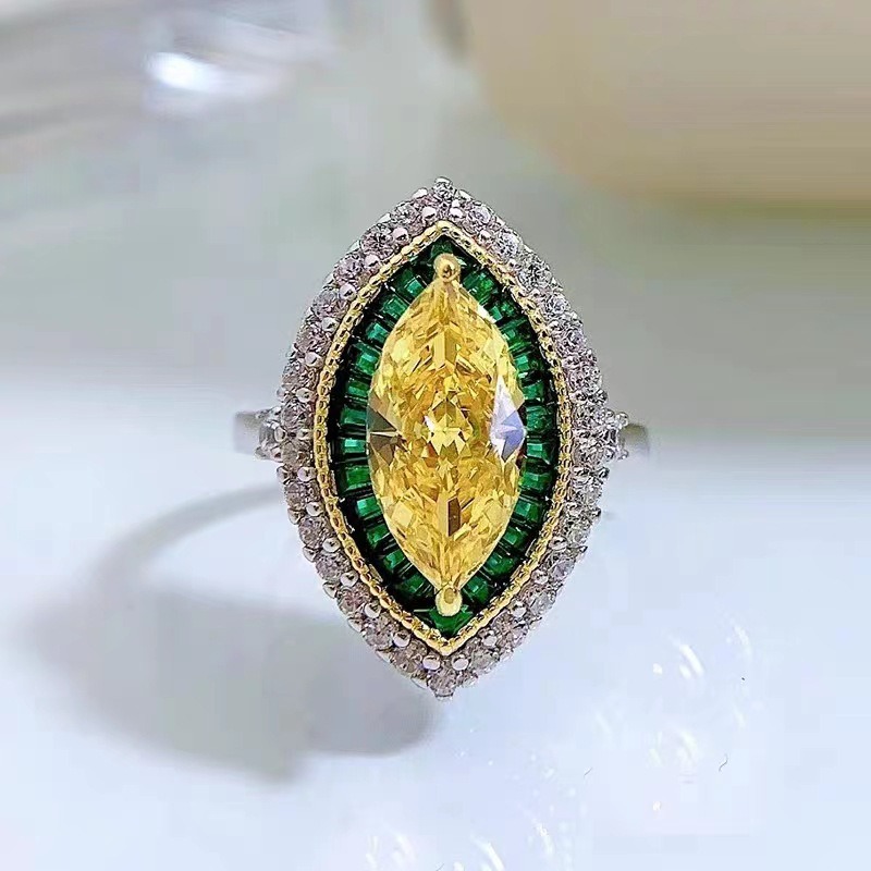 Marquise Yellow Diamond Emerald Halo Ring