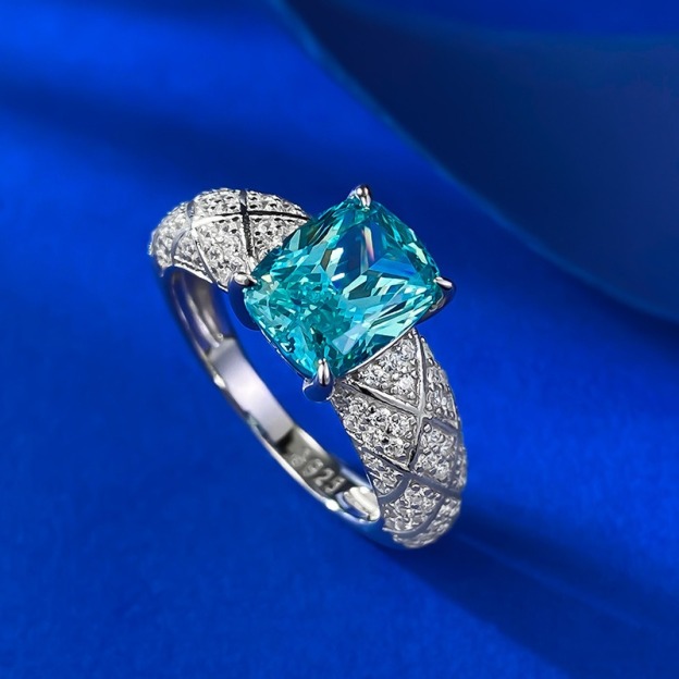 「Paraiba Dream」S925 Sterling Silver Cushion Cut Quilted Ring