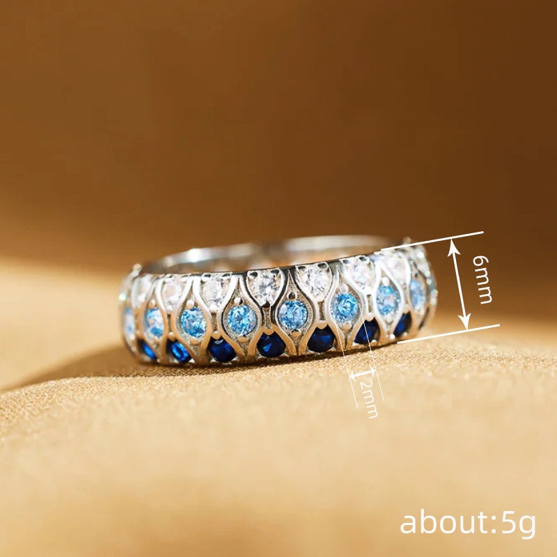 「Deep Sea Gradient」S925 Sterling Silver Three-Tone Blue Quilted Band Ring