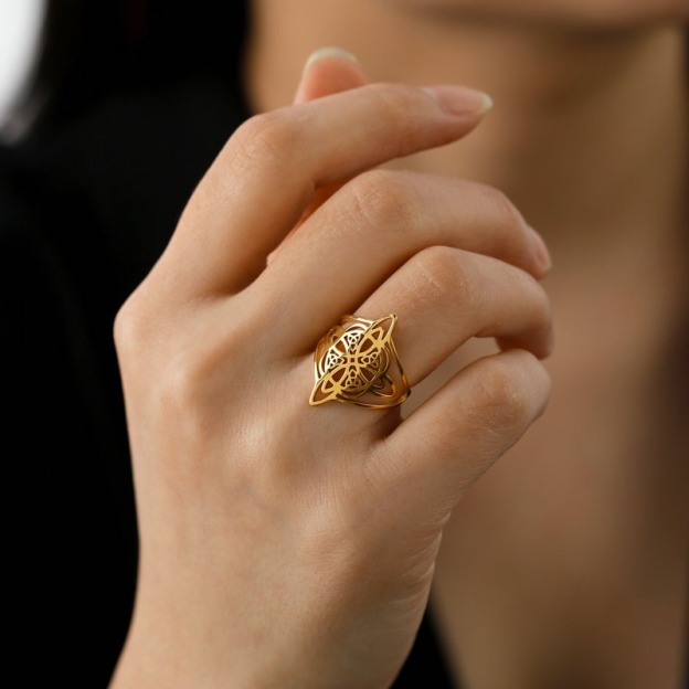Celtic Witch Knot Openwork Ring 18K Gold-Plated/Titanium Steel Vintage Totem Band