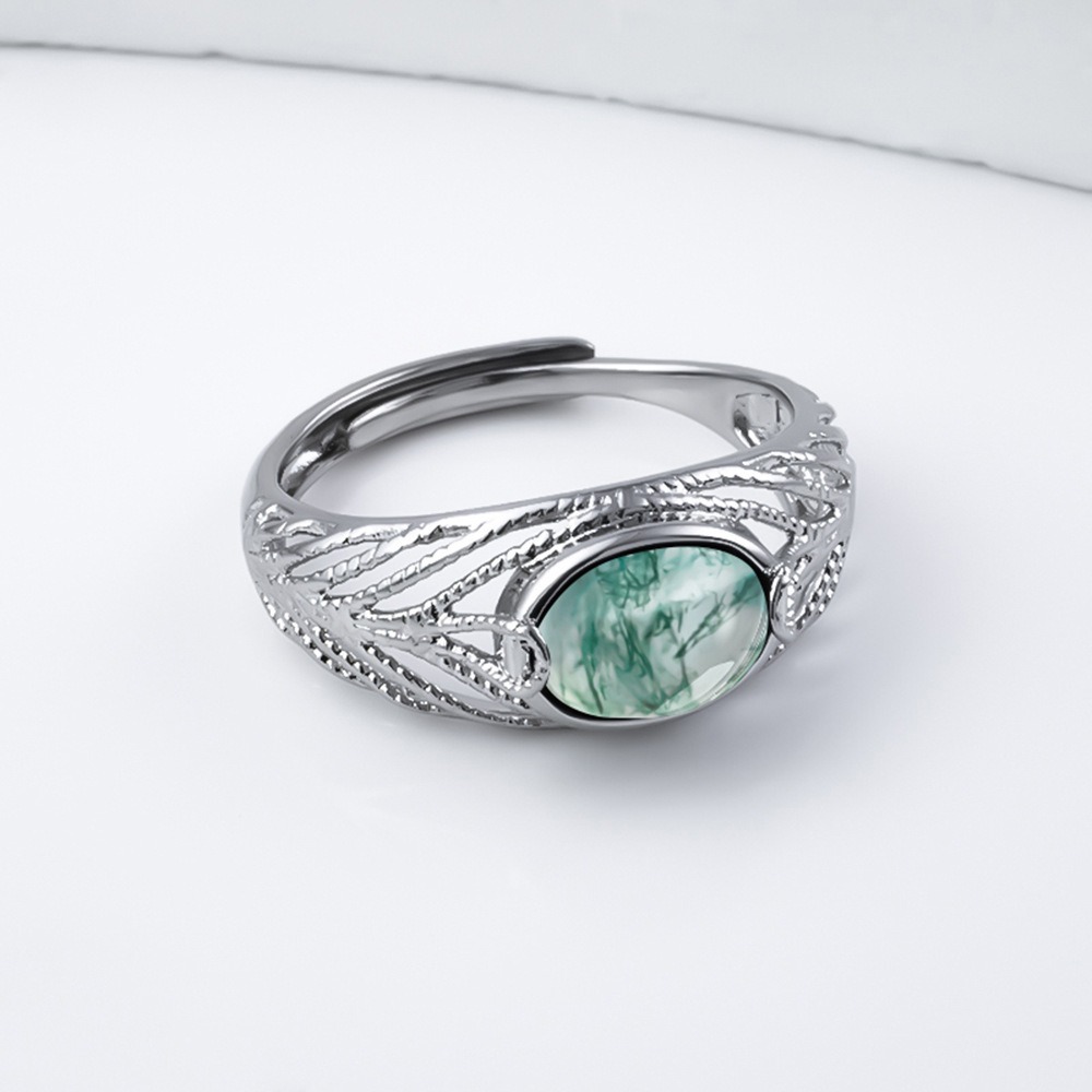 Natural Moss Agate S925 Sterling Silver Adjustable Ring 