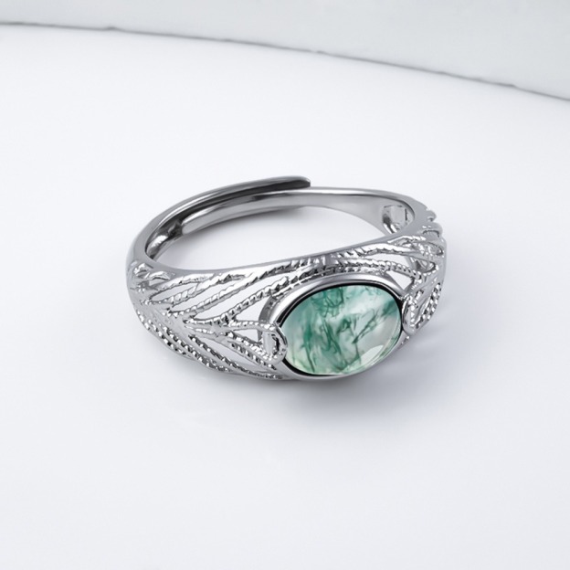 Natural Moss Agate S925 Sterling Silver Adjustable Ring 