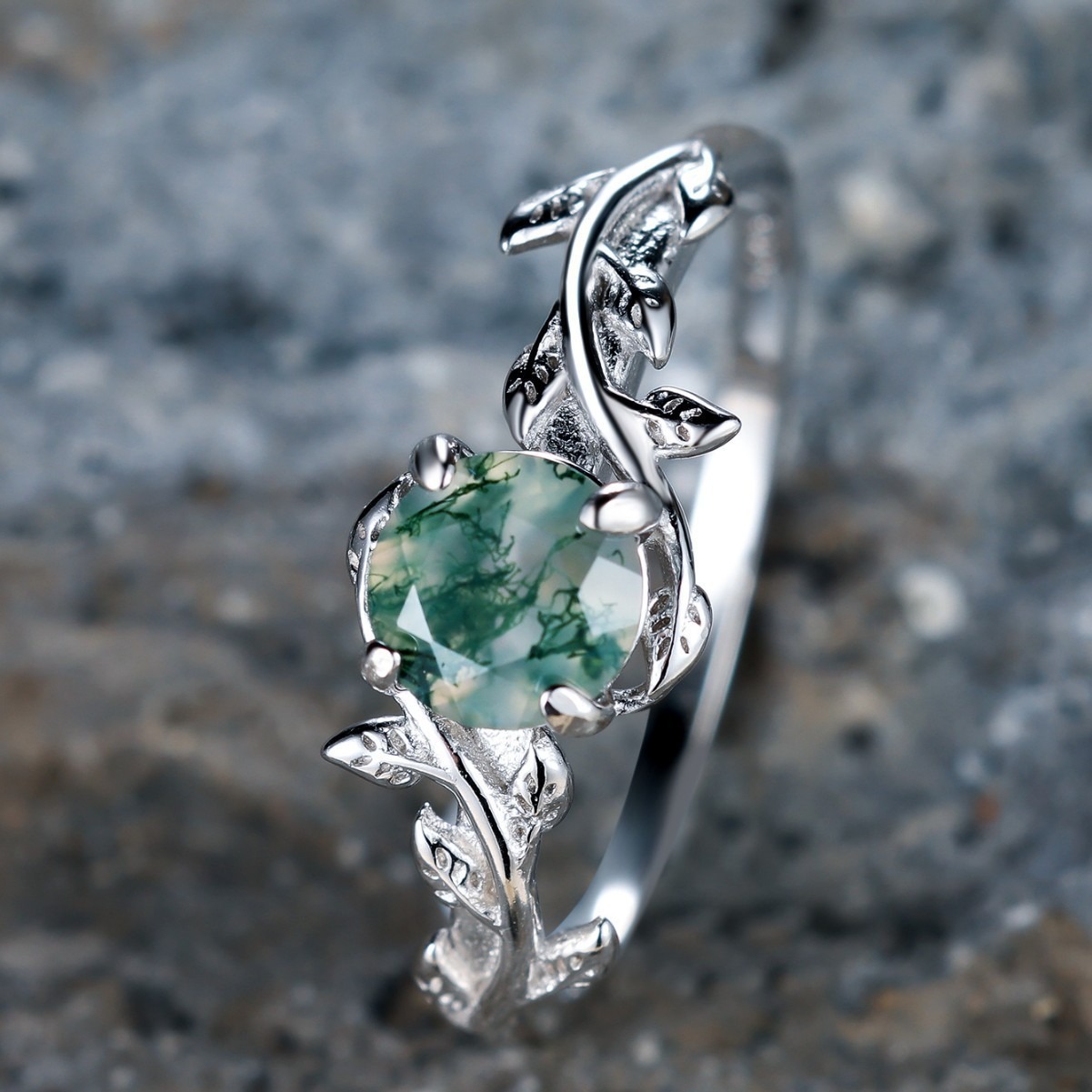 S925 Sterling Silver Natural Moss Agate Vine Ring