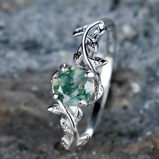 S925 Sterling Silver Natural Moss Agate Vine Ring