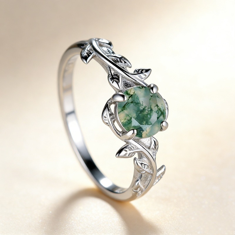 S925 Sterling Silver Natural Moss Agate Vine Ring