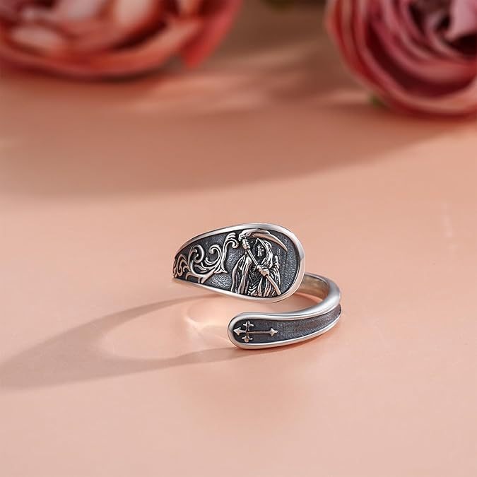 S925 Sterling Silver Vintage Grim Reaper Soul Guardian Adjustable Ring
