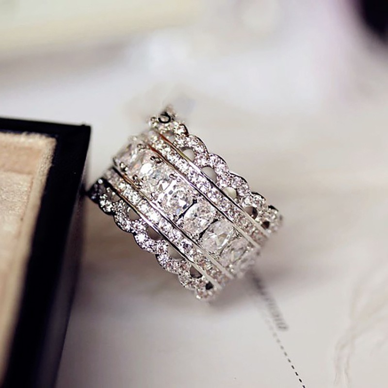 S925 Sterling Silver Multi-Row Pave CZ Wide Eternity Statement Ring