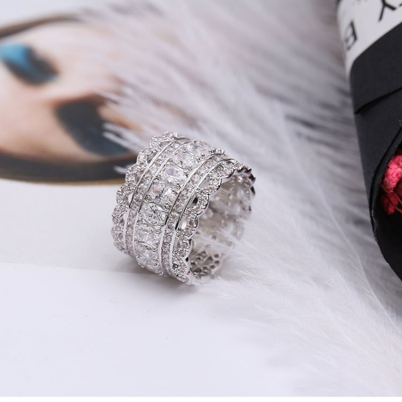 S925 Sterling Silver Multi-Row Pave CZ Wide Eternity Statement Ring