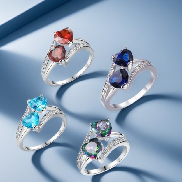 S925 Sterling Silver Double Heart Gemstone Ring