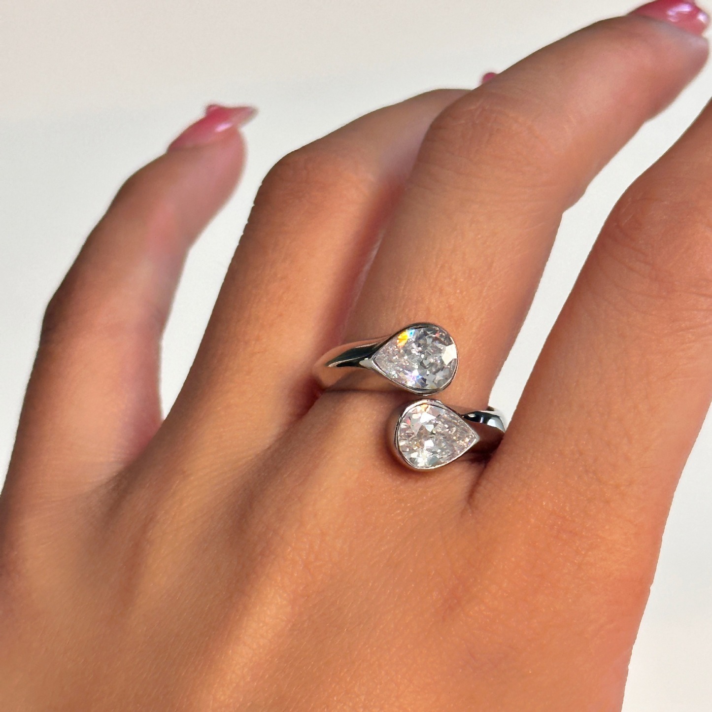 S925 Sterling Silver Double Pear-Cut Moissanite Open Ring