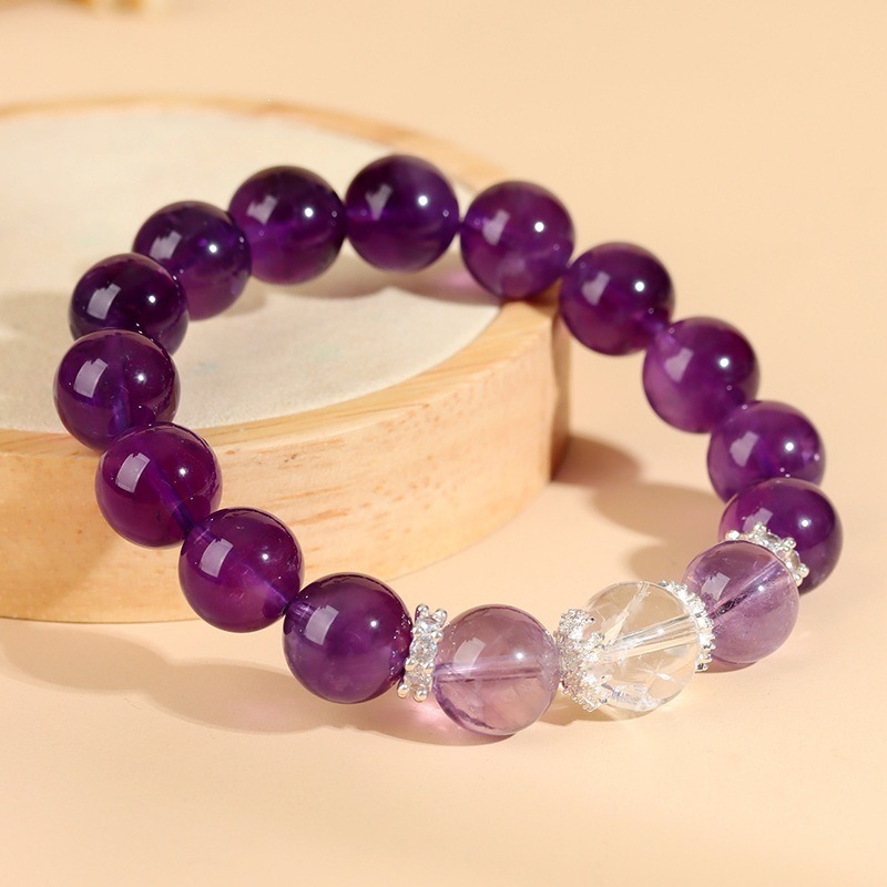 Natural Uruguayan Amethyst and White Crystal Dual-Stone Bracelet