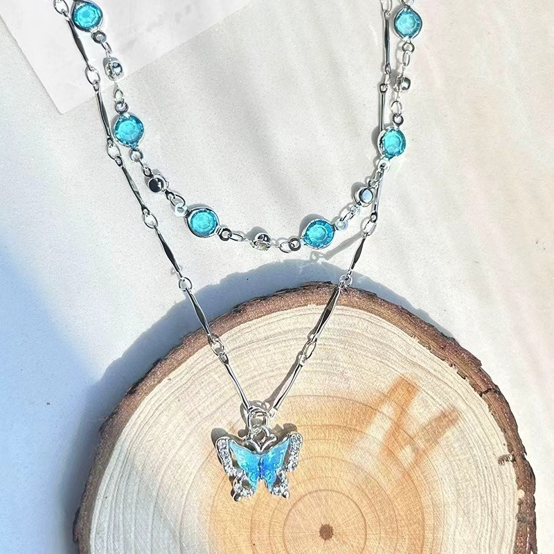  S925 Sterling Silver Double Layer Blue Zircon Butterfly Layering Necklace