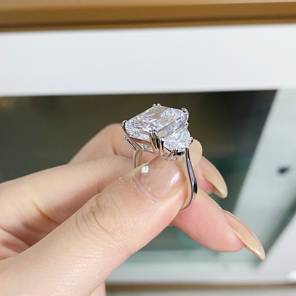 S925 Sterling Silver Radiant Cut Three Stone Ring, Cushion Simulated Diamond Statement Ring