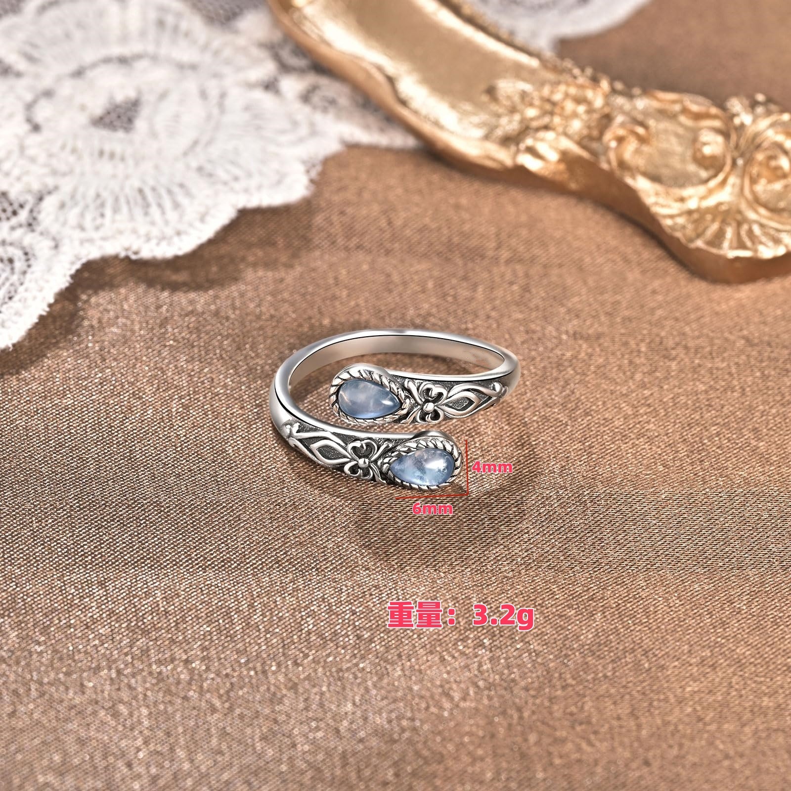 S925 Sterling Silver Vintage Carved Moonstone Open Ring