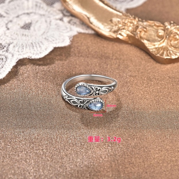 S925 Sterling Silver Vintage Carved Moonstone Open Ring
