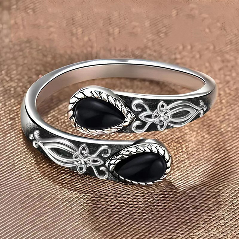 S925 Sterling Silver Obsidian Celtic Knot Open Ring