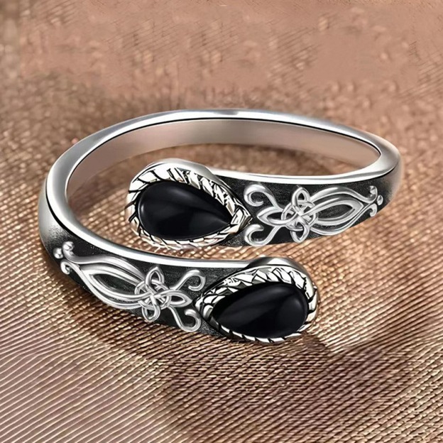 S925 Sterling Silver Obsidian Celtic Knot Open Ring
