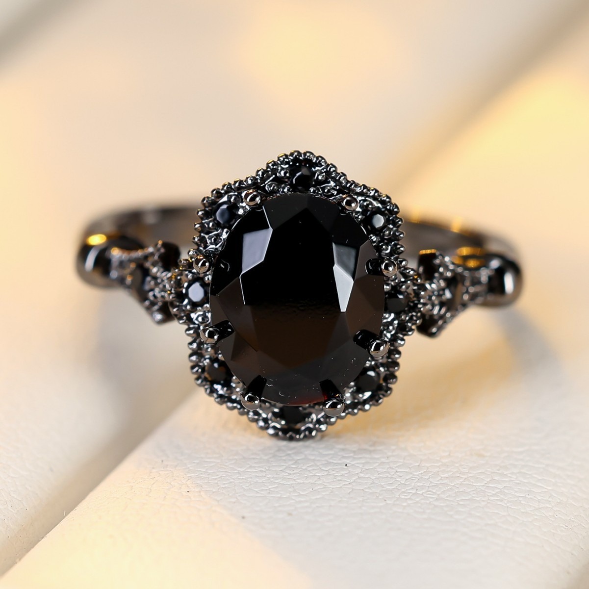 S925 Sterling Silver Black Rhodium Plated Oval Obsidian Gothic Ring