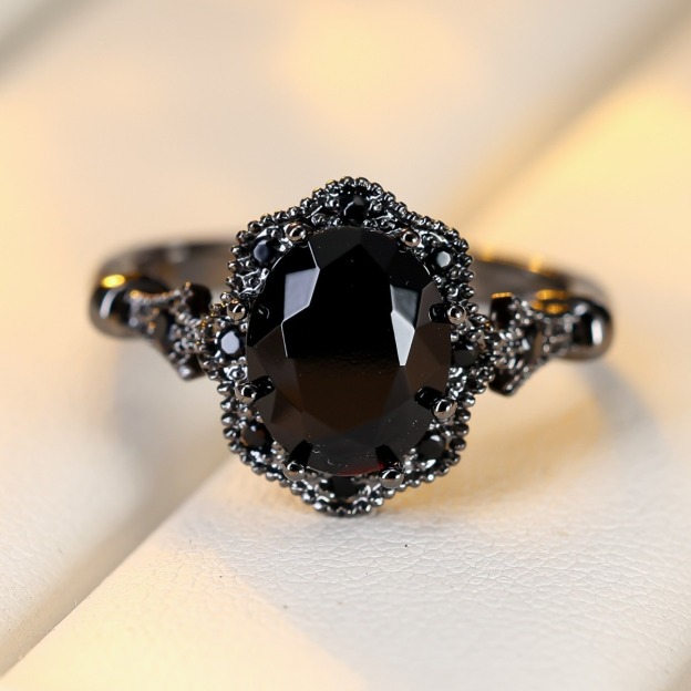 S925 Sterling Silver Black Rhodium Plated Oval Obsidian Gothic Ring