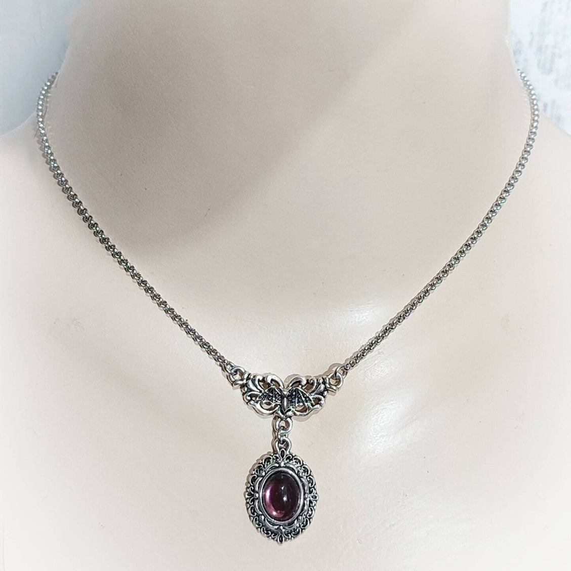 S925 Sterling Silver Vintage Ornate Witch Crystal Necklace