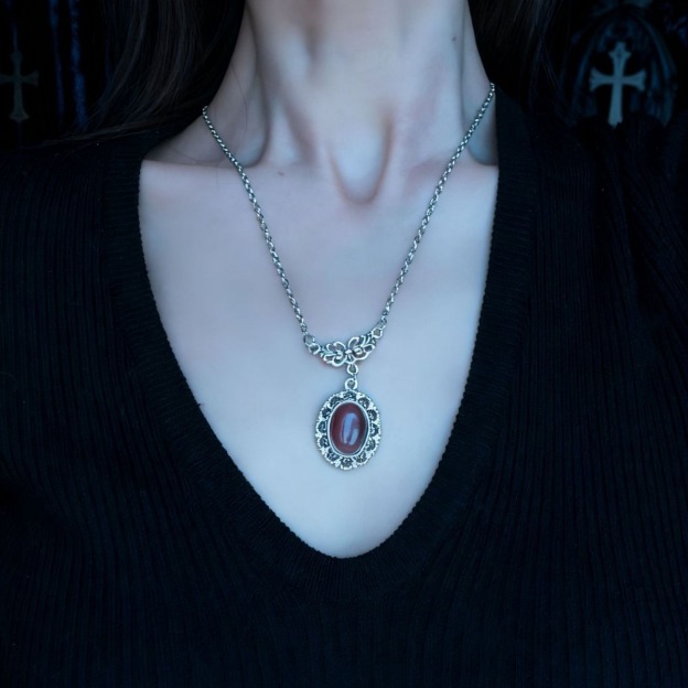 S925 Sterling Silver Vintage Ornate Witch Crystal Necklace