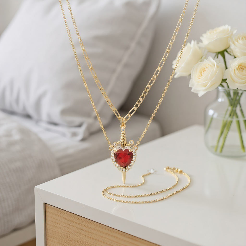 Sword - Heart Double - Layer Cuban Link Necklace (Gold/Silver, Multi - Gem Version)