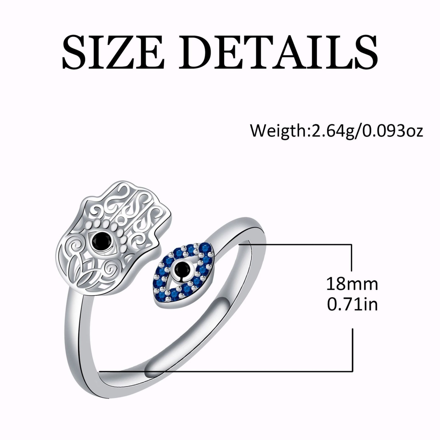 S925 Sterling Silver Hamsa Hand Evil Eye Open Ring