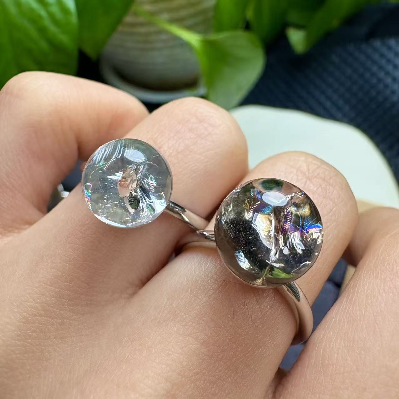 Sterling Silver Natural Rainbow Clear Quartz Sphere Ring 
