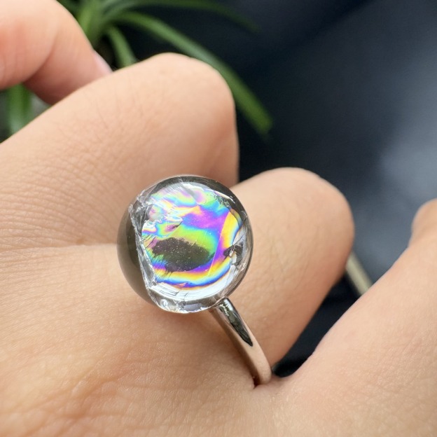 Sterling Silver Natural Rainbow Clear Quartz Sphere Ring 