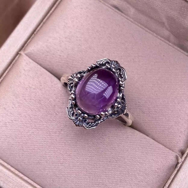 S925 Sterling Silver Oxidized Amethyst Cabochon Ring