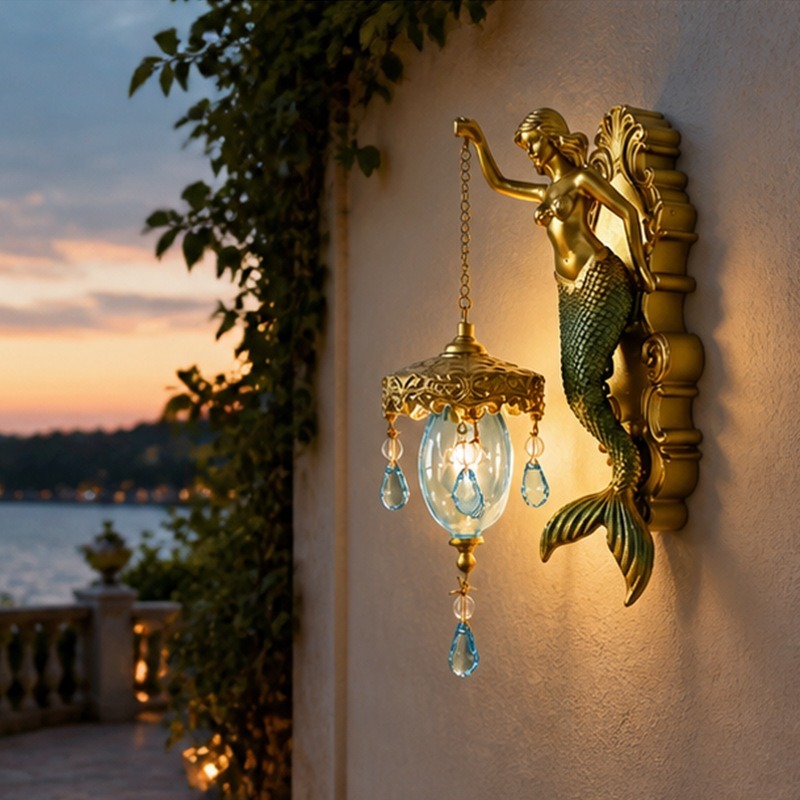 Vintage Resin Mermaid Lantern Wall Sconce