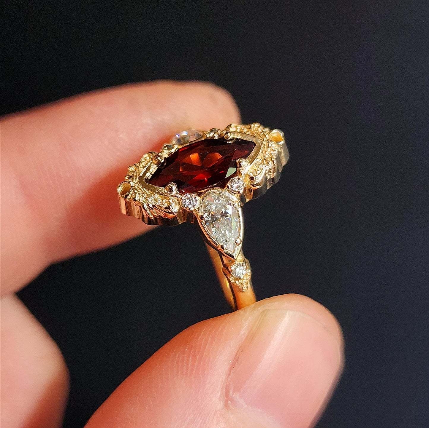 14K Gold Victorian Vintage Filigree Marquise Ring