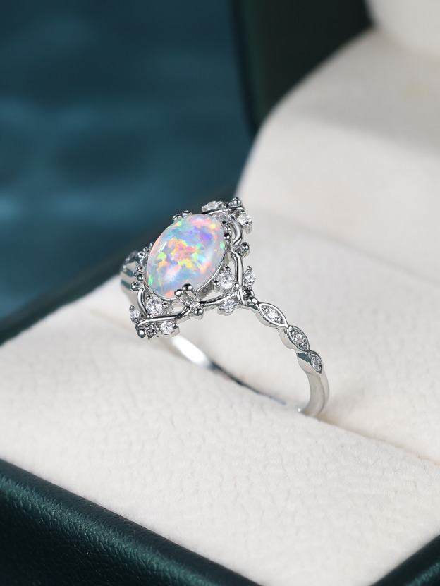 White Opal Vintage Ring | 925 Sterling Silver | Platinum / Rose Gold Finish