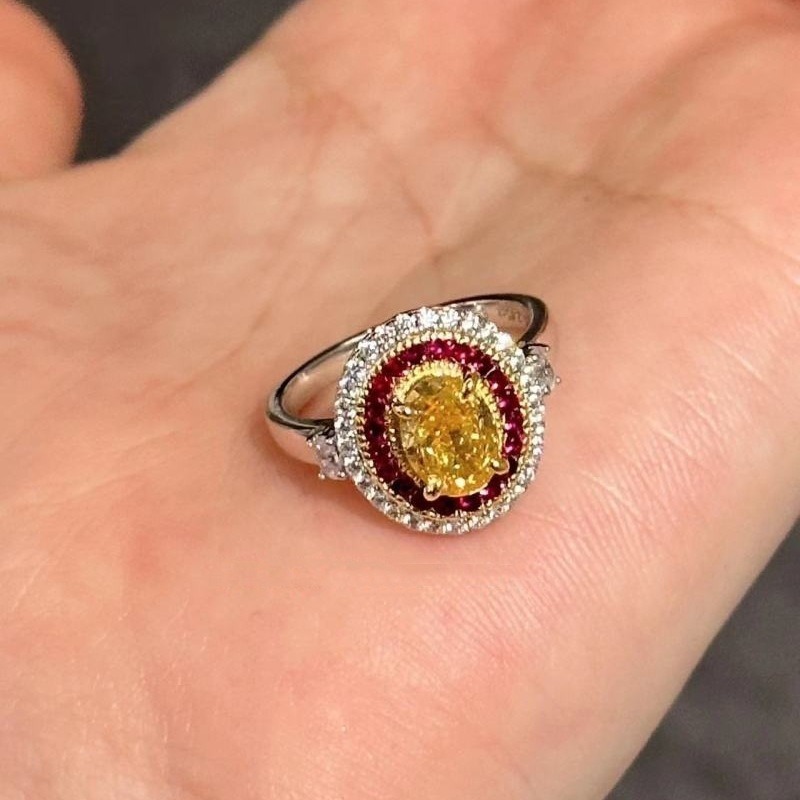 Sterling Silver Oval Yellow CZ Double Halo Ring