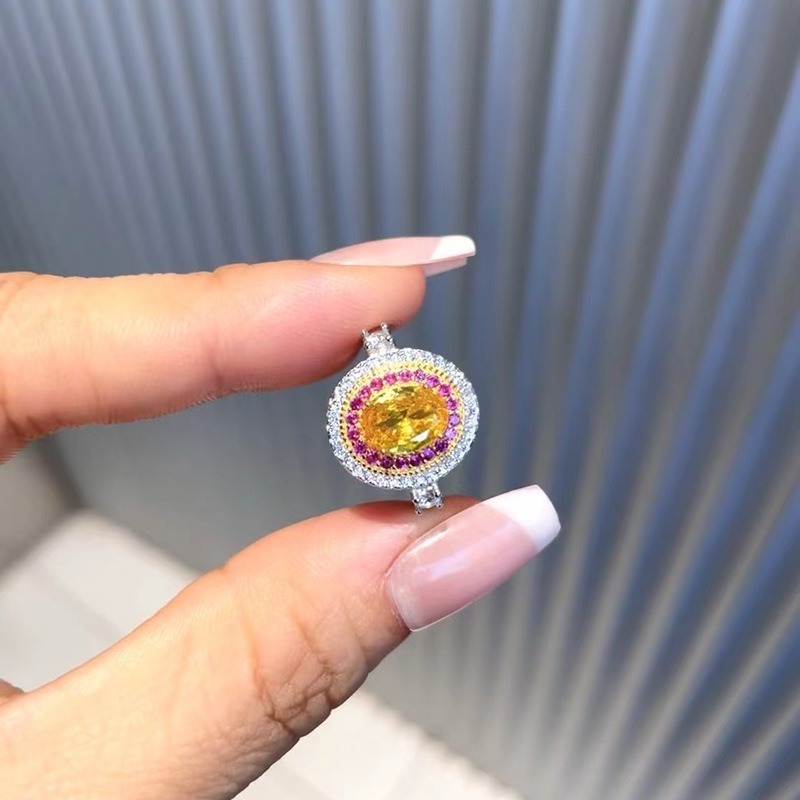 Sterling Silver Oval Yellow CZ Double Halo Ring