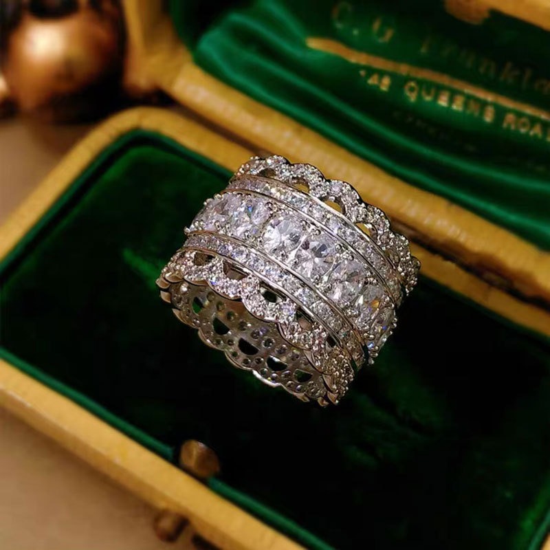 Luxury Multi-Row CZ 925 Sterling Silver Ring – Full Pavé Wide Band Design