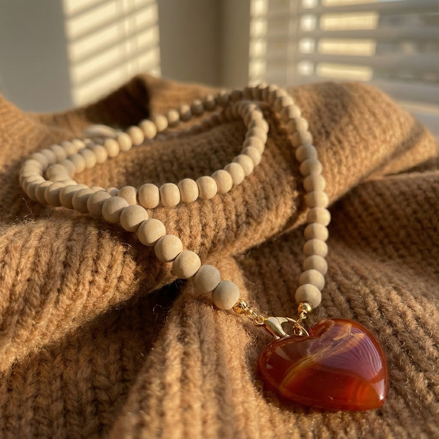 Nature's Pulse Natural Wood Bead Amber Heart Pendant Necklace