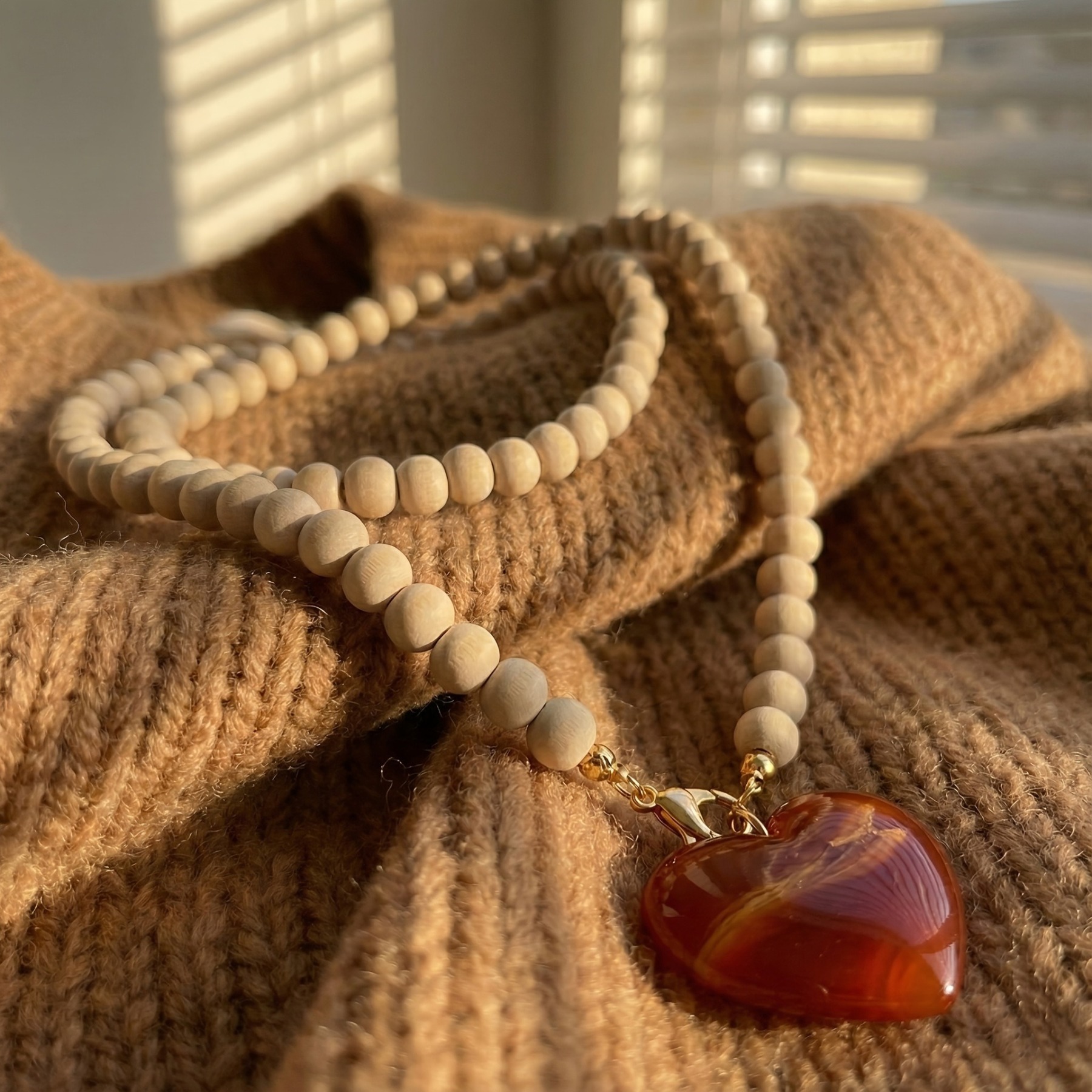 Nature's Pulse Natural Wood Bead Amber Heart Pendant Necklace