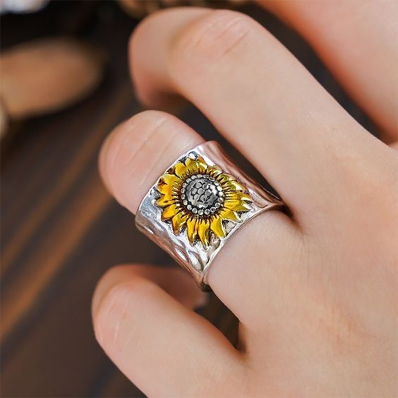 Sunflower Soul Hand-Painted Vintage Silver Signet Ring