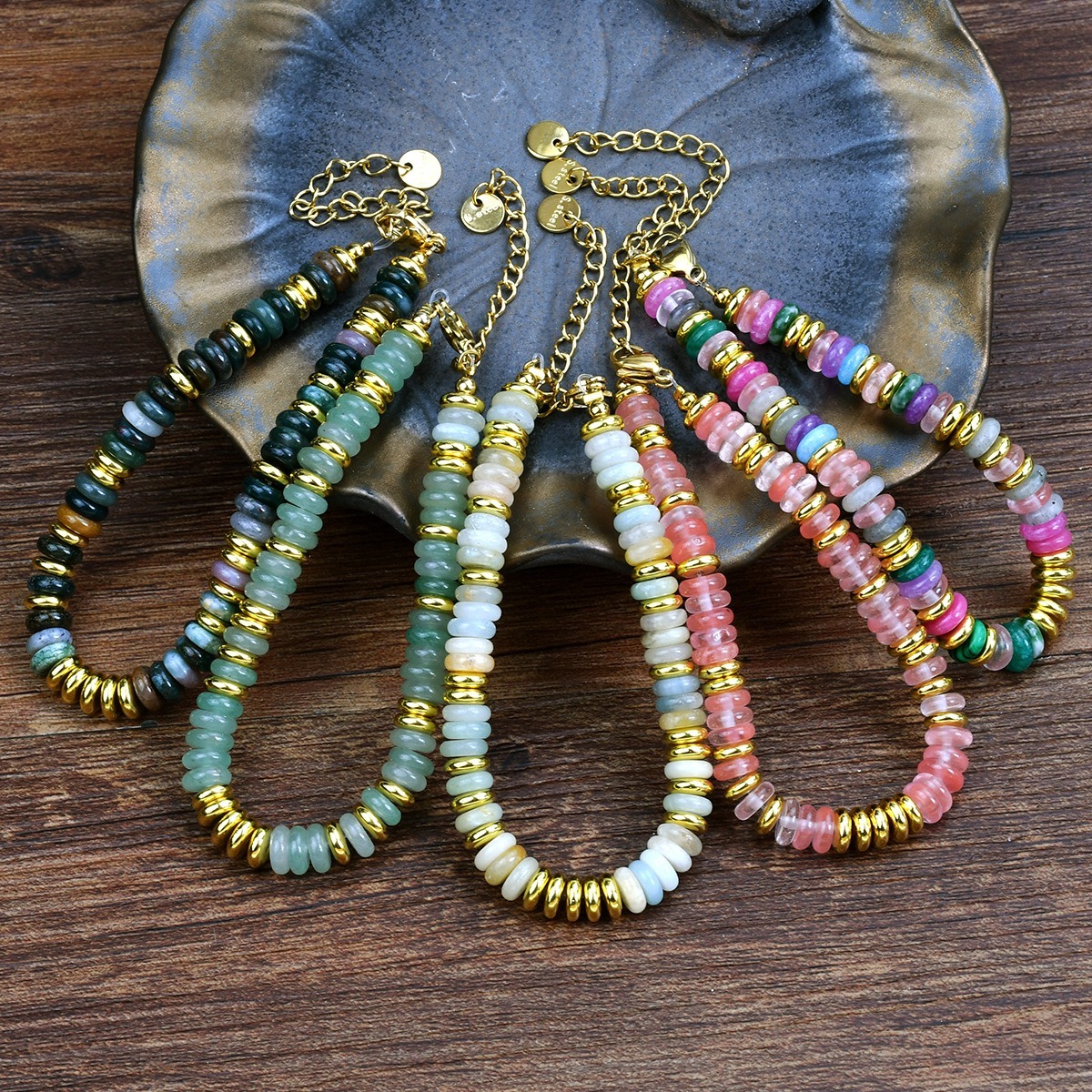 Boho Earth Harmony Natural Stone Heishi Bead Bracelet with Gold Spacers
