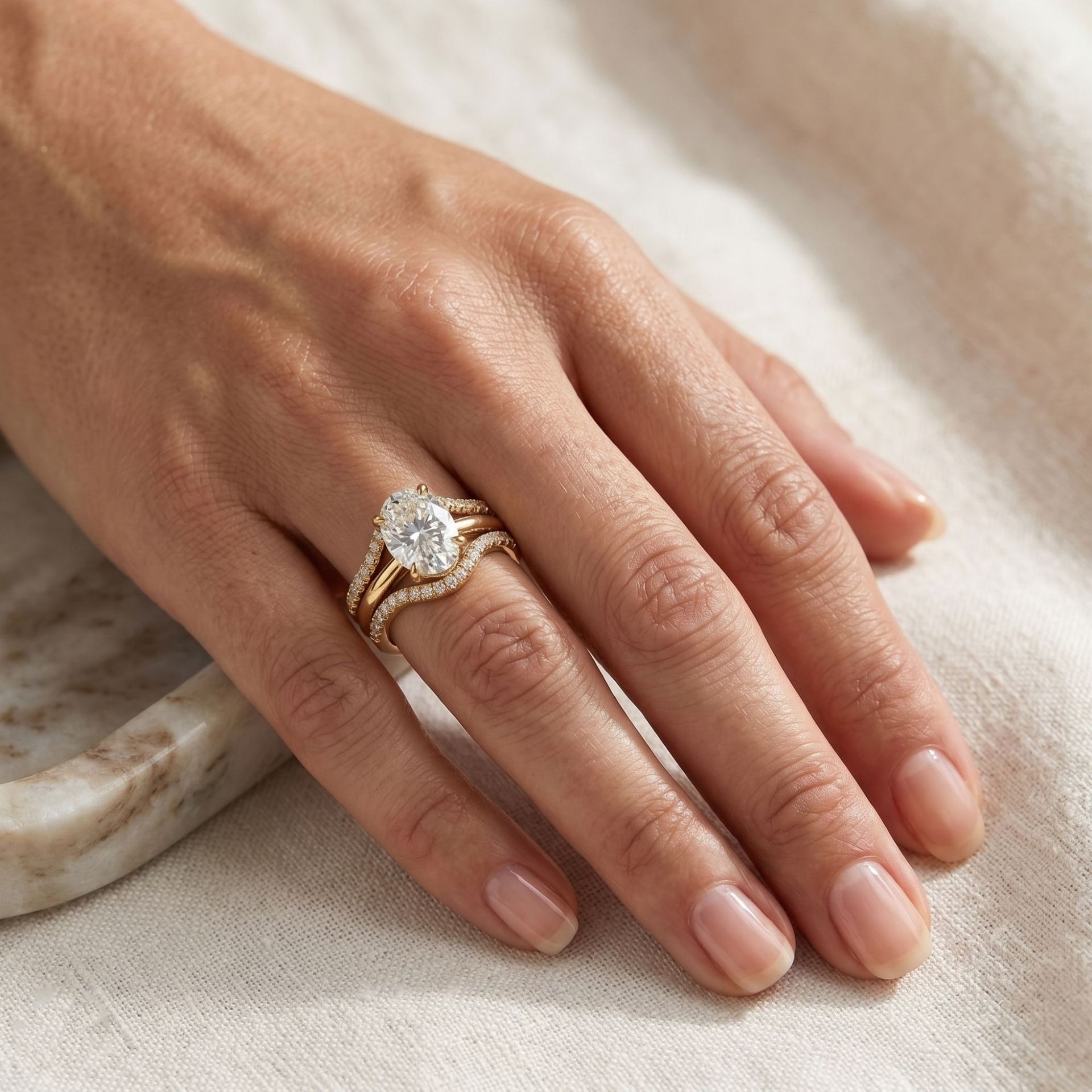 18K Gold White Gold Plated Pavé Oval Solitaire Ring