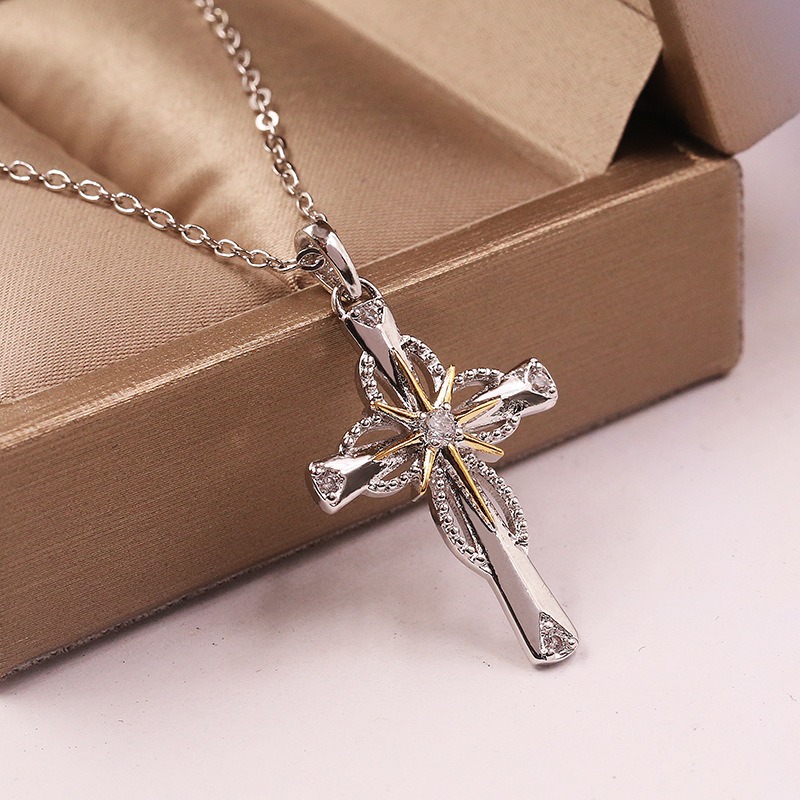 Starburst Holy Cross Two-Tone Diamond Cross Pendant Necklace｜Faith & Elegance Neck Guardian